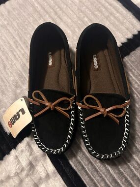 Lamo Black Suede Moccasins with Brown Bow and White Stitch
